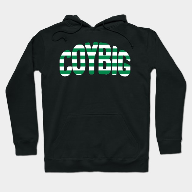 COYBIG, Glasgow Celtic Football Club Green and White Hooped Warped Text Design Hoodie by MacPean